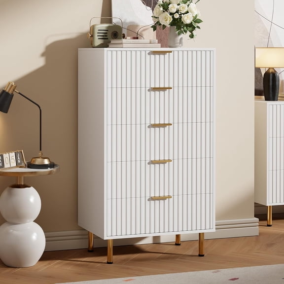 White 5 Drawer Dresser for Bedroom, 48 in Tall Modern Chest of Drawers with Deep Drawers and Wide Top, Fluted Wooden Dresser Organizer for Living Room, Hallway, Kids Room