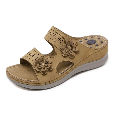 

TUOBARR Casual Sandals for Women Women s Flower Massage Sandals Large Size Vintage Wedge Comfortable Slippers Ergonomic Shoes Khaki