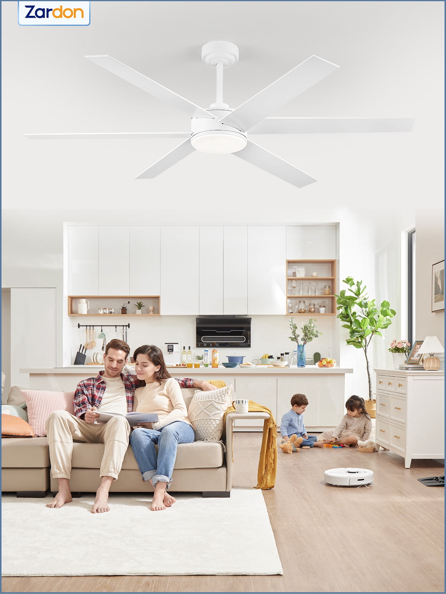 Zardon 60in Ceiling Fans with Light and Remote Control, Flush Mount Ceiling Fans with 6 Speeds Reversible, for Indoor, Outdoor, White