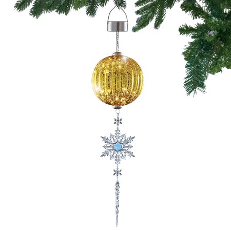 Hanging Crystal Garden Ornaments Festive Shimmering Ornament with Crystal Snowflake & Icicle Solar Powered Hanging Light, Gold ()