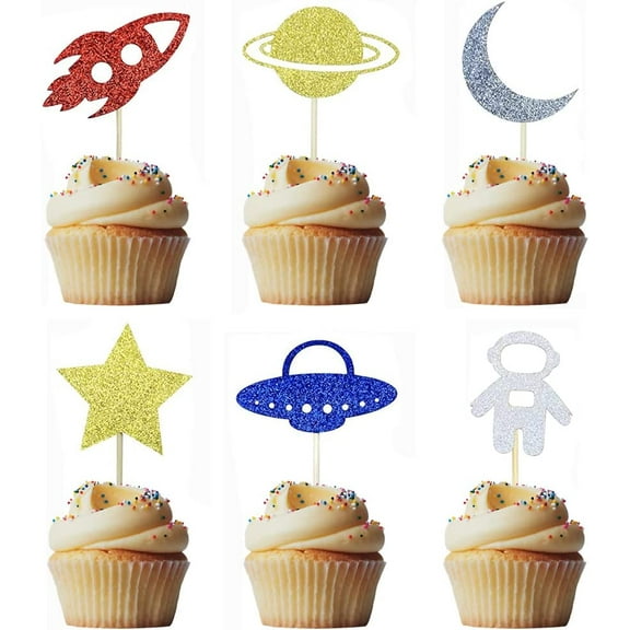 12pcs Planet Rocket Moon Star Space Astronaut Cupcake Toppers for Outer Space Theme Party Kids Birthday Party Baby Shower Wedding Party Decorations