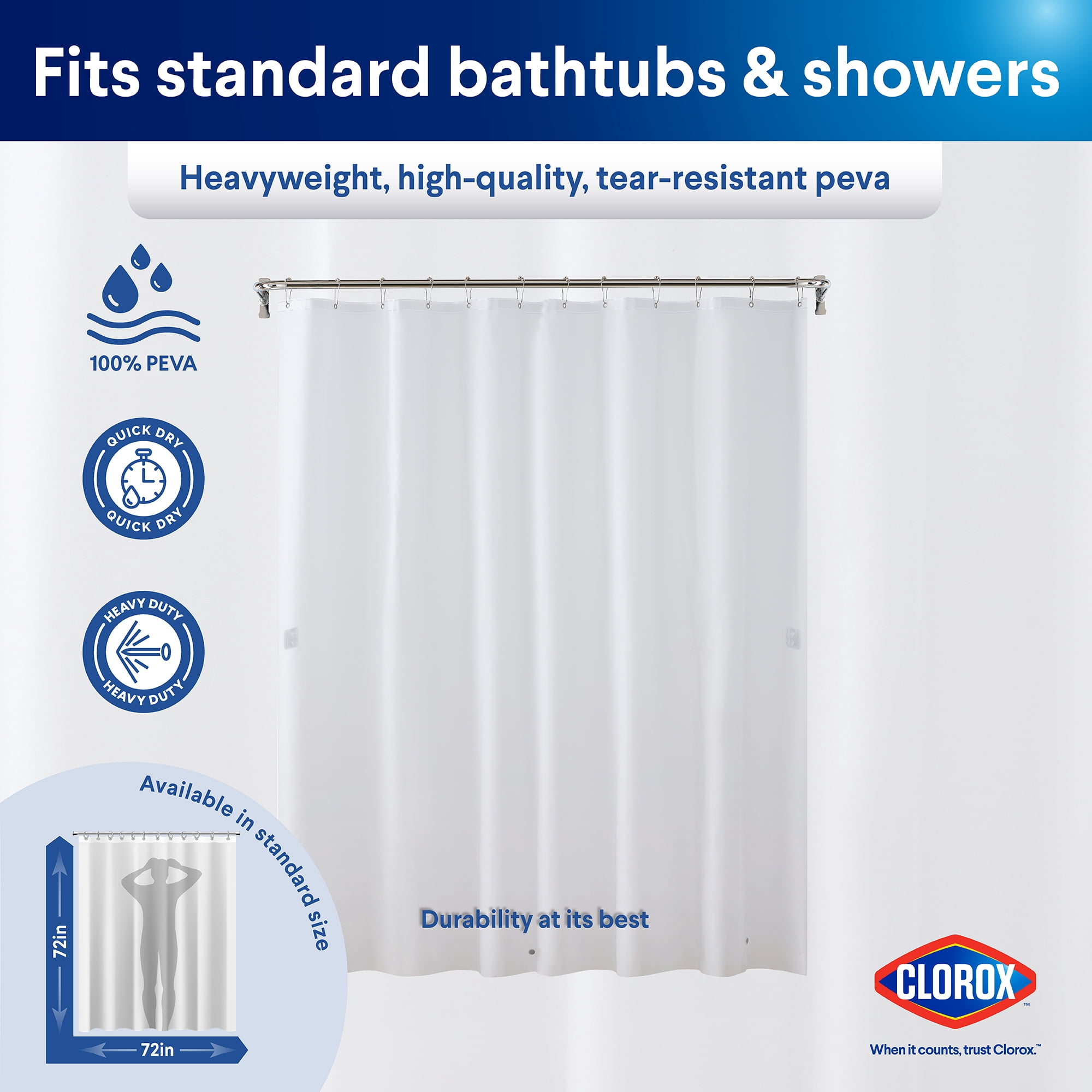 Clorox Solid PEVA Heavyweight Shower Liner, 72" x 72" White