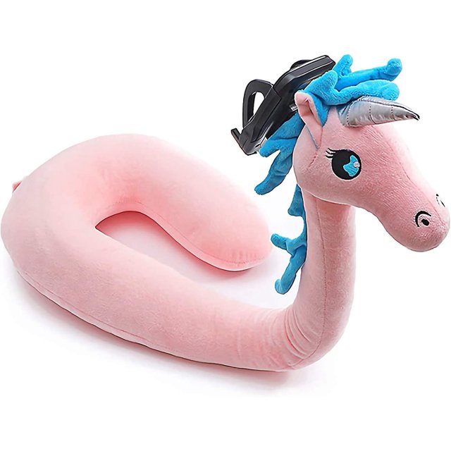 Almohada de viaje Cuello en forma de U Almohada Animal con soporte para teléfono celular Soporte ajustable 3D Lindos aviones domésticos Almohada para dormir (unicornio)