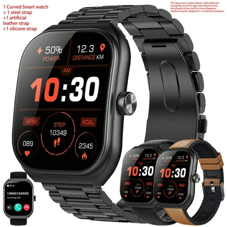 3D Curved Screen Smart Watch for Men, 2.01-Inch Display, Call Function, Android/iPhone Compatible, Fitness Tracker, 3 Straps
