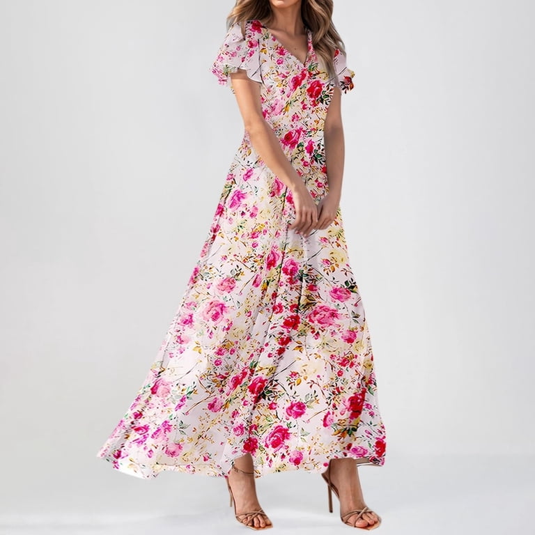 Misright Womens Floral Maxi Dress Casual V Neck Short Sleeve Flowy Beach Wedding Guest Long Dresses