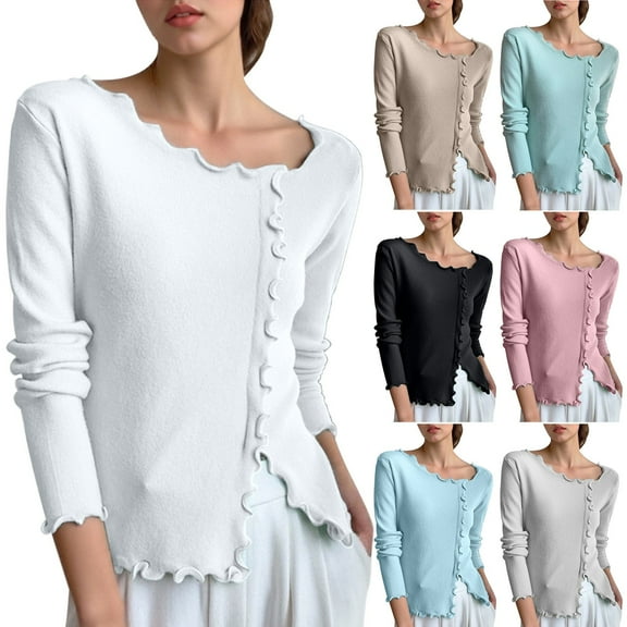 Feancey Ruffle Blouses for Women Soft Knitted Long Sleeve Sweater Tops Dressy Casual Split Hem Shirts Fall Trendy Going Out Tees Green Free Size