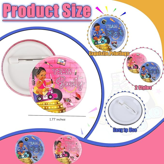 Serencatcher 24Pcs Beauty or Beats Gender Reveal Decorations, Team Boy or Girl Button Pins, Hip Hop Button Pins Include Pink Blue for 80s 90s Retro Disco Hip Hop Gender Reveal Baby Shower Games Favor