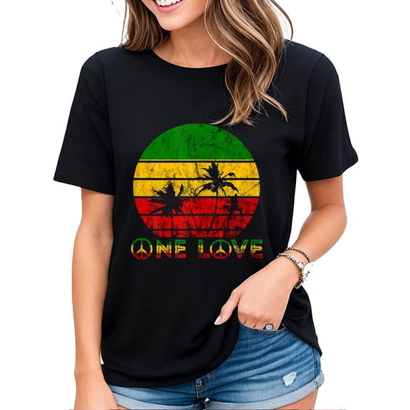 Womens Tshirt Caribbean Reggae One Love Retro Vintage Sunset Jamaica Vacation Casual Short Sleeve Tops Black 3X-Large