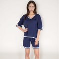 thumbnail image 2 of Women's Knit Lounge Set with V-Neck Top and Drawstring Shorts Featuring Contrast Trim - Navy, Small, 2 of 7