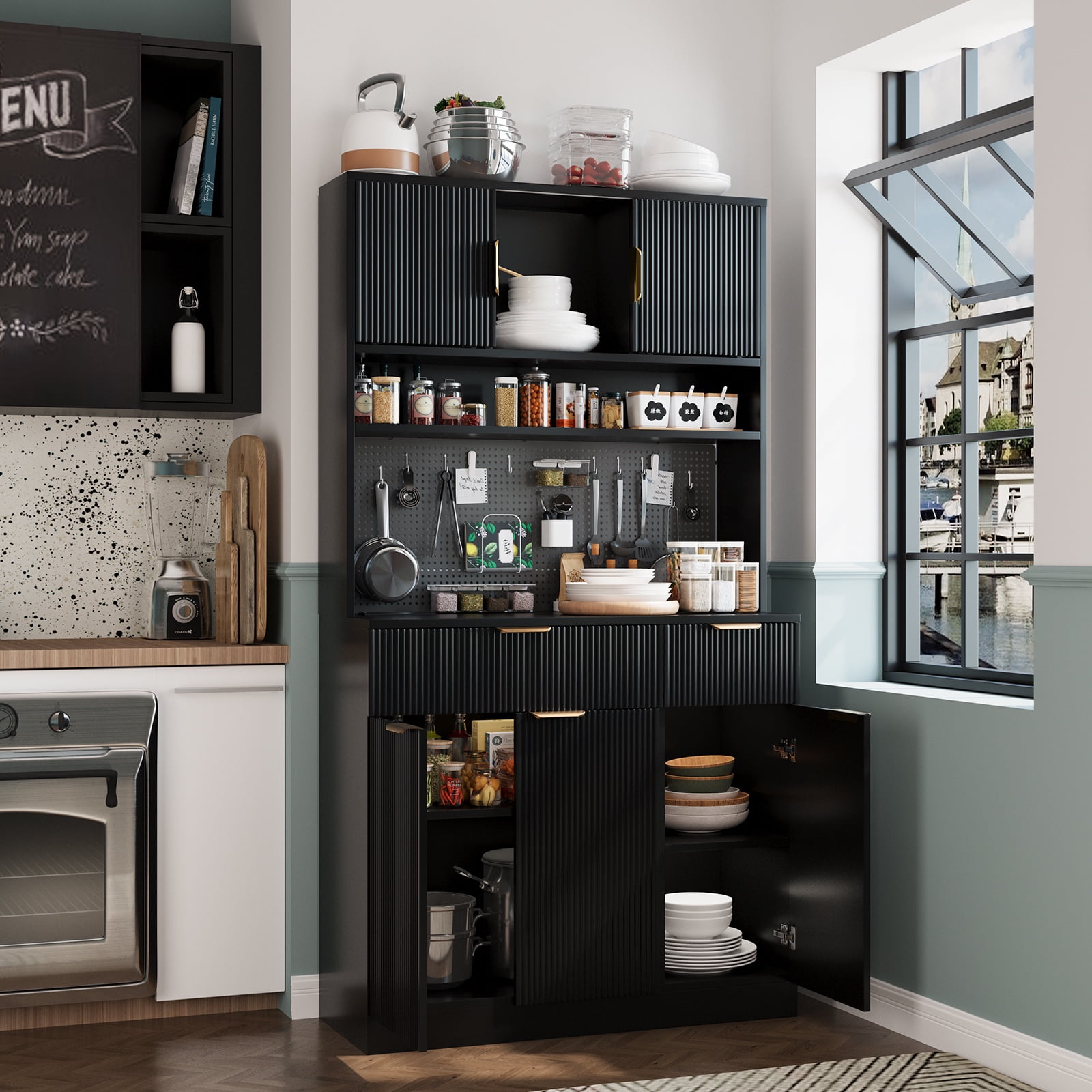 Lumiinofami 72.8" Kitchen Pantry Cabinet, Microwave Hutch with Charging Station, DIY Pegboard, 5 Fluted Doors, 2 Drawers, Adjustable Shelves for Kitchen, Dining Room, Living Room, Black