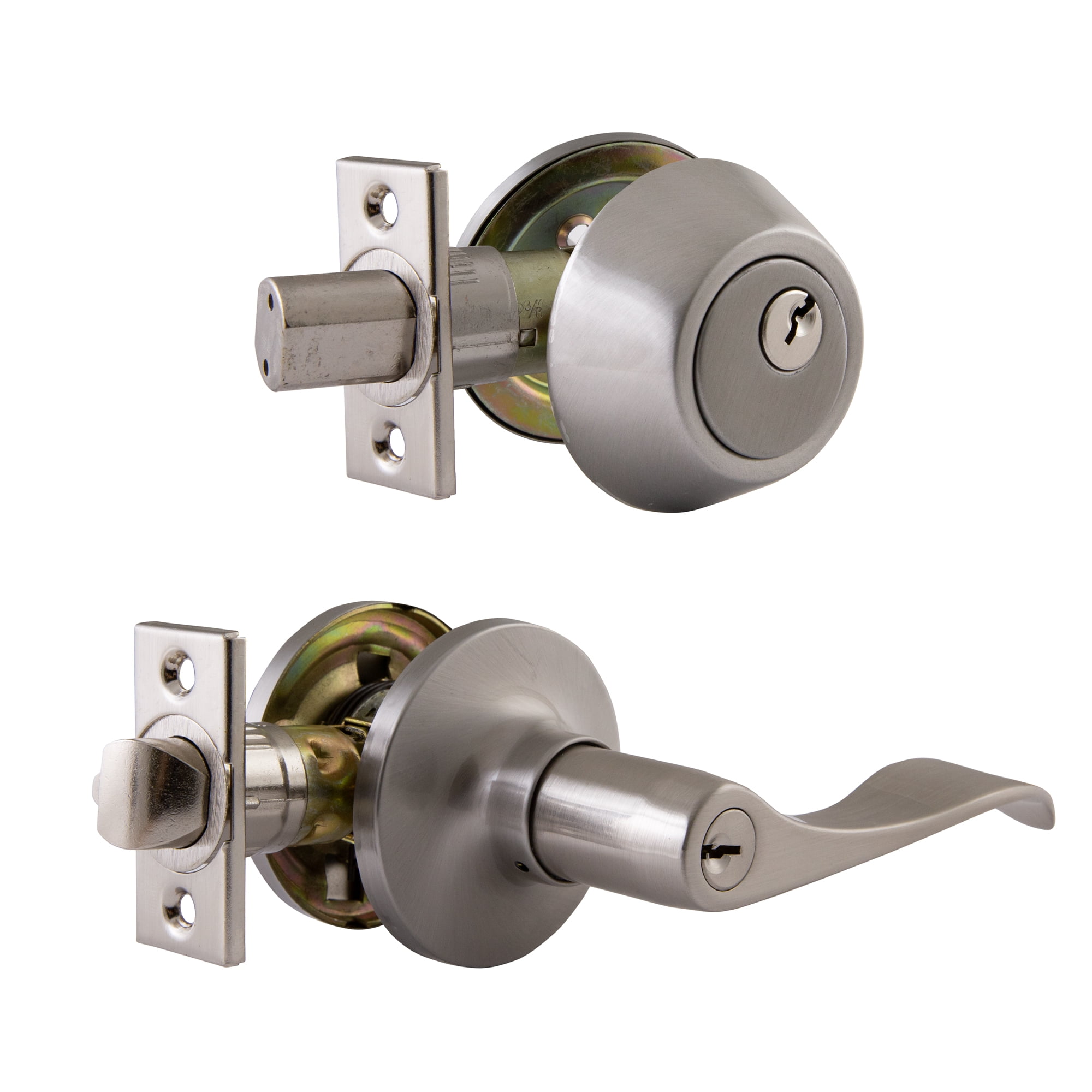 Design House Stratford Satin Nickel Entry Door Lever and Single Cylinder  Deadbolt with Universal 6-Way Latch