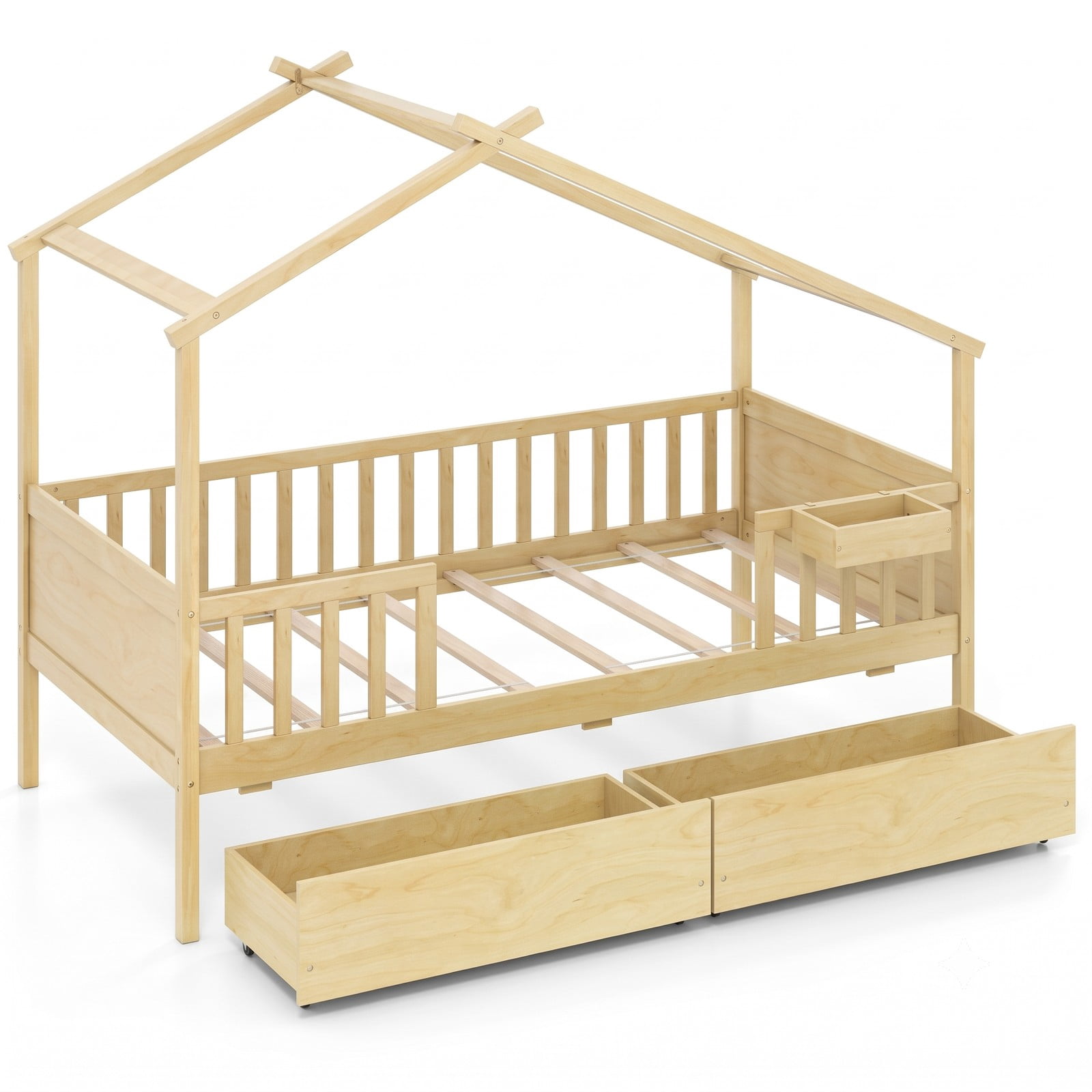 Furnibear Twin House Bed Frame with Storage Drawers, Montessori Floor Bed with Roof Frame and Fence Rails, Platform Bed Frame for Kids Room, Natural