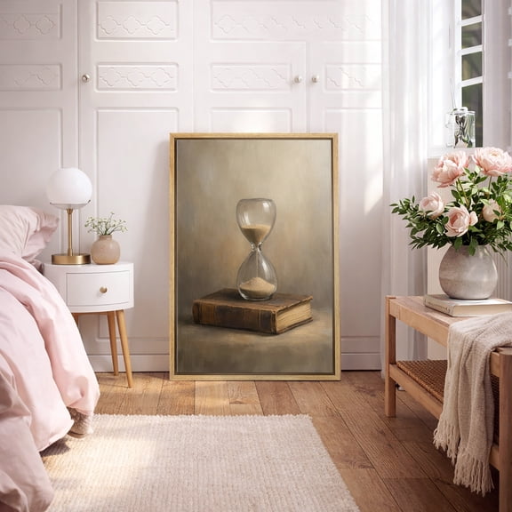Framed Canvas Wall Art Hourglass Book Still Life Print for Living Room Decoration - 16"x24" NATURAL