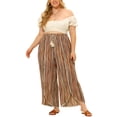 thumbnail image 2 of Pantalones de talla grande para mujeres, pantalones de pierna ancha de rayas con cintura elástica dividida 2X marrón, 2 of 6
