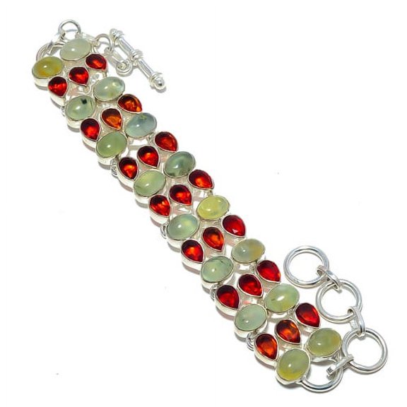 Prehnite & Garnet 925 Silver Plated Ethnic Bracelet 7-7.99" T47, Valentine's Day Gift, Birthday Gift, Beautiful Jewelry For Woman & Girls