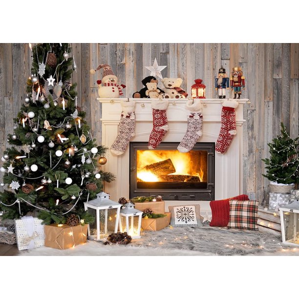 Fondo de chimenea navideña personalizado de 2,1 x 1,5 m, fotografía navideña para fondo, pared de madera vintage, árbol de Navidad, regalo, fiesta, decoración de fiesta navideña, pancarta D585