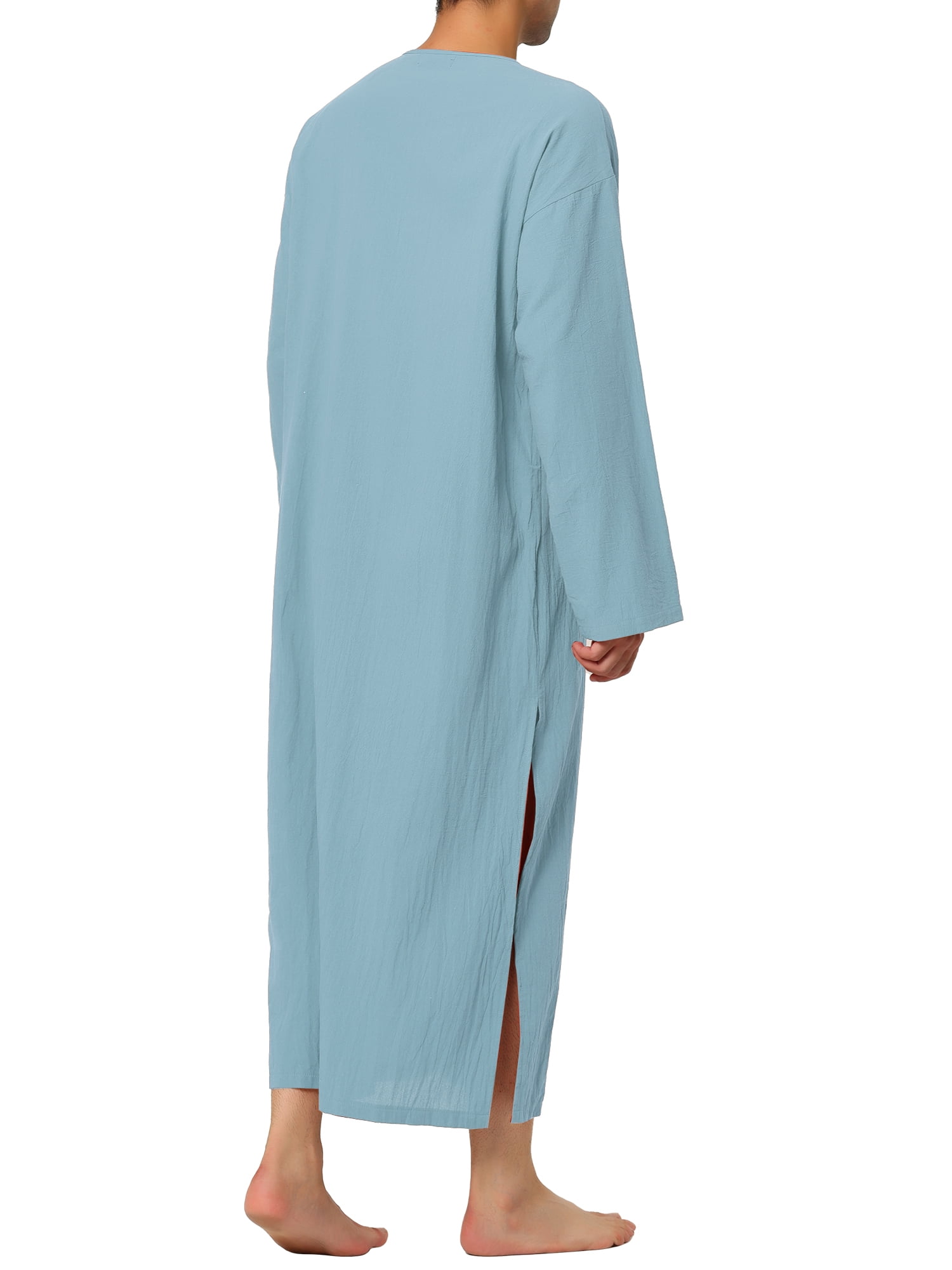 Unique Bargains Men's Nightshirt Cotton Sleep Shirt Side Split Long Nightgown S Light Blue