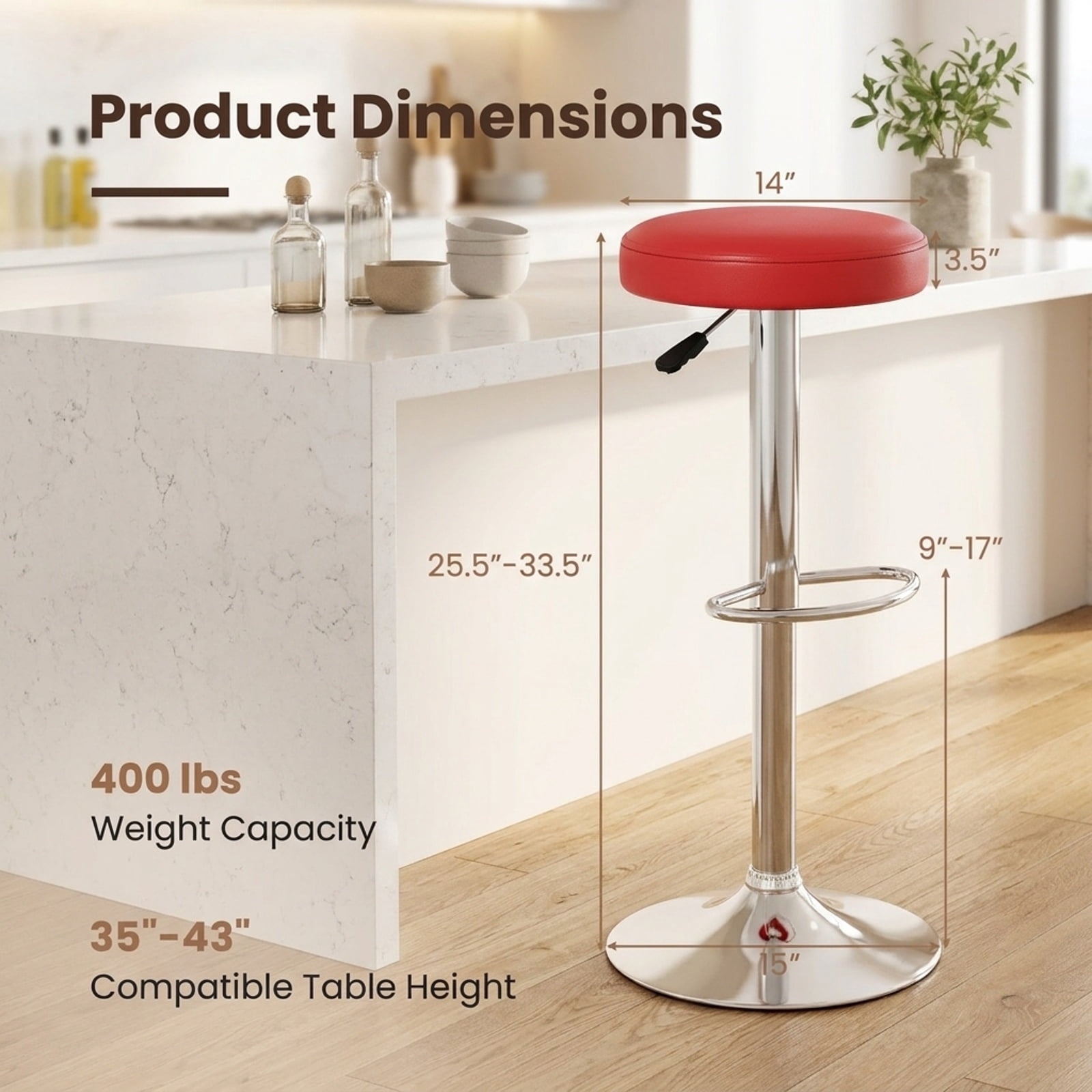 Furnibear Set of 2 Height-adjustable Swivel Bar Stool with 360° Swivel bar stool for Kitchen Island Counter Bar Pub Dining Home, Red