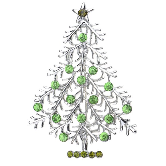 Silvery Tone Green Rhinestones Holiday Christmas Tree Star Brooch Pin