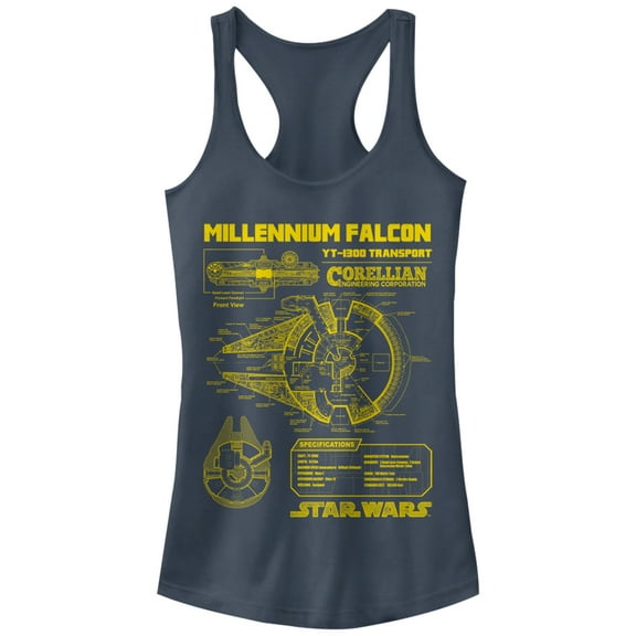 Junior's Star Wars Millennium Falcon Schematics Racerback Tank Top Indigo X Large