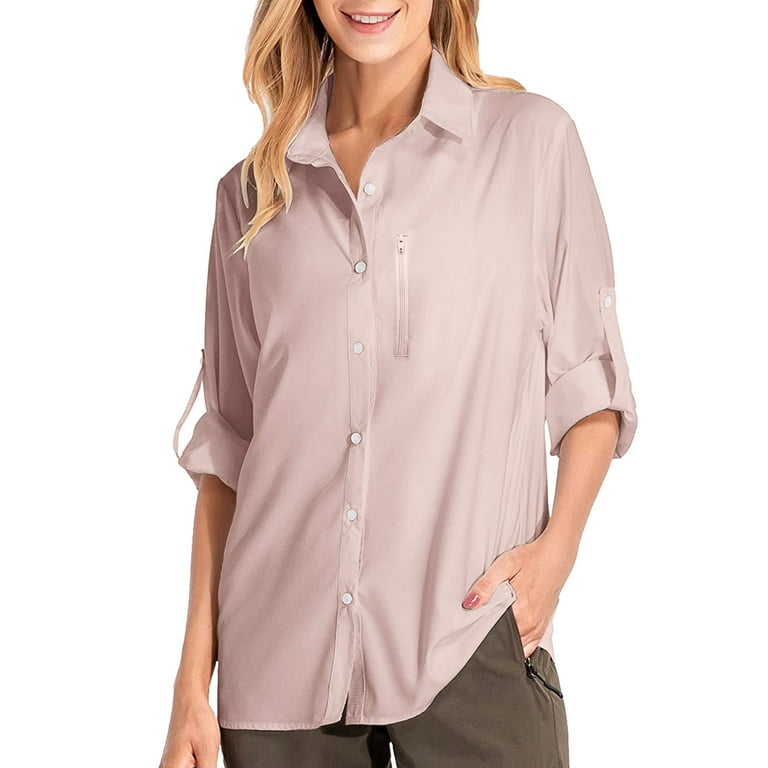 Womens Summer Tops Upf 50+ Sun Long Sleeve Outdoor Cool Quick Dry Fishing  Hiking Button Down Blouse Shirts for Women,Pink,XL 