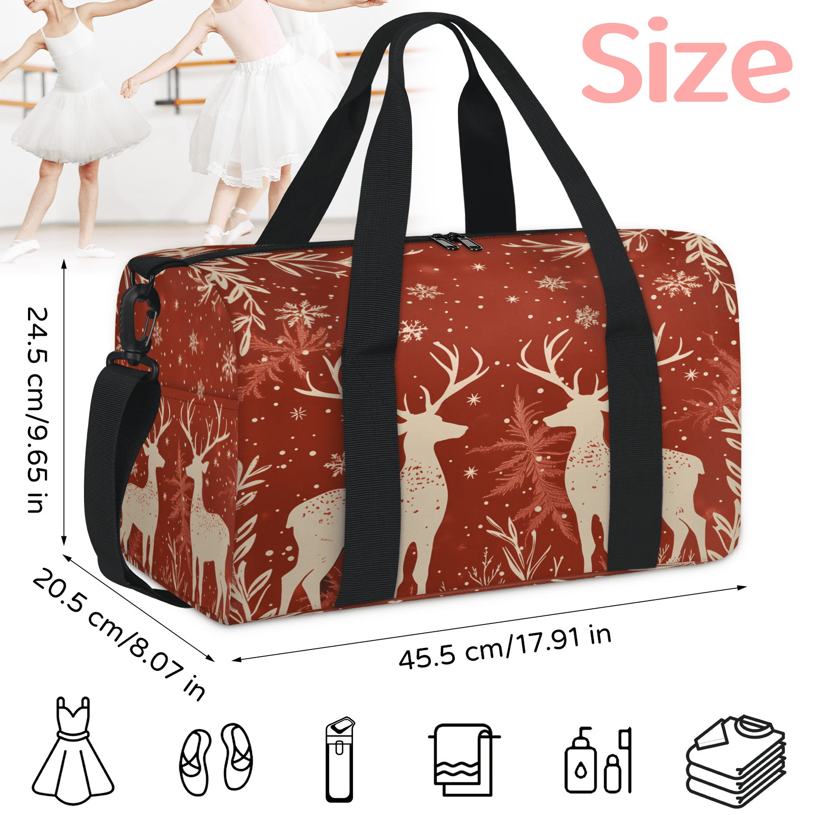 Herdesigns Reindeer And Holly Christmas Gym Bag for Women, Duffle Bag for Travel Sport, Lightweight Waterproof Carry on Weekender Overnight Dance Yoga Workout Bags