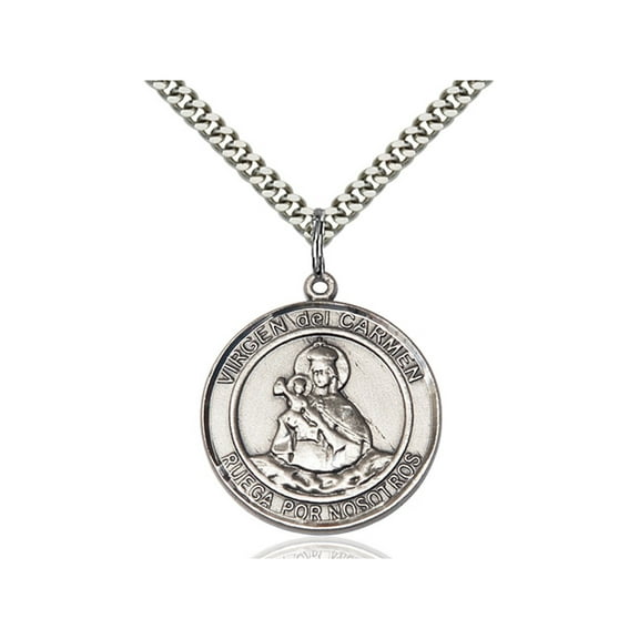 Sterling Silver Virgen del Carmen Pendant 1 x 5/8 inches with Heavy Curb Chain
