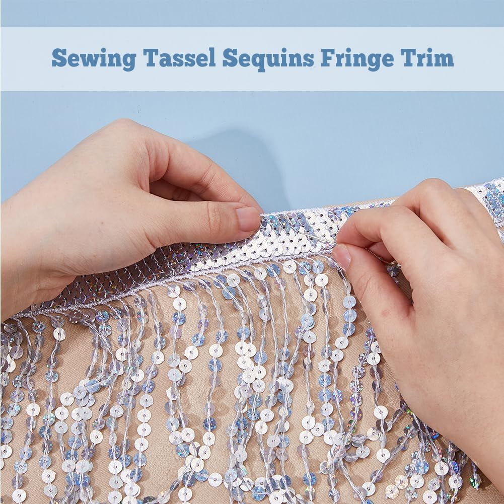 10.94 Yards Sequins Tassel Ribbon Trim 17cm/6.69inch Wide Sequins Fringe Trim Paillette Lace Trim Bling Sewing Fringe Trim Silver Sparkle Tassel Lace Ribbon for Sewing Craft Home Party Silver