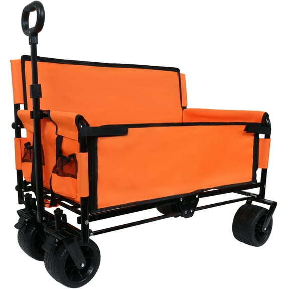3-in-1 Convertible Folding Wagon Cart with Bench Seat & Storage, 500lbs Heavy-Duty Utility Wagon, 180L Capacity All-Terrain Wheels for Camping, Beach, Sports, Garden, Orange