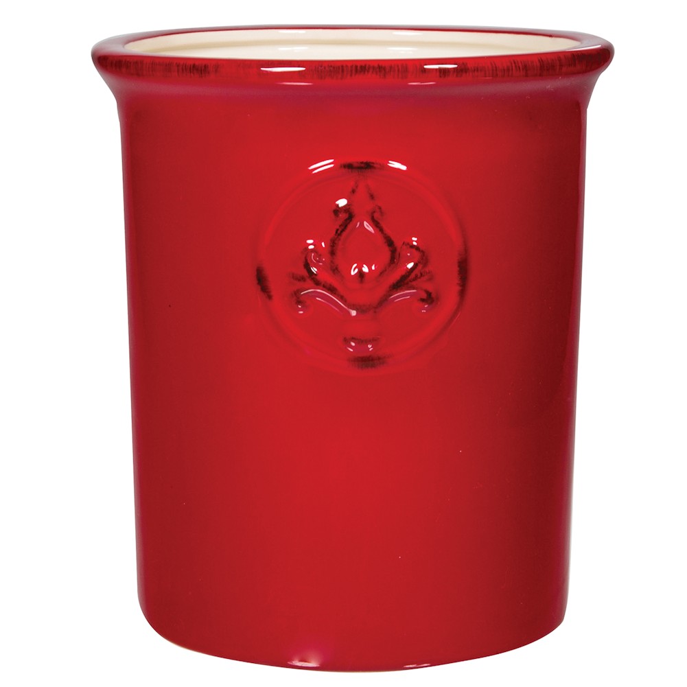 Ceramic Utensil Crock With Embossed Medallion In AquaRedOr White (Red
