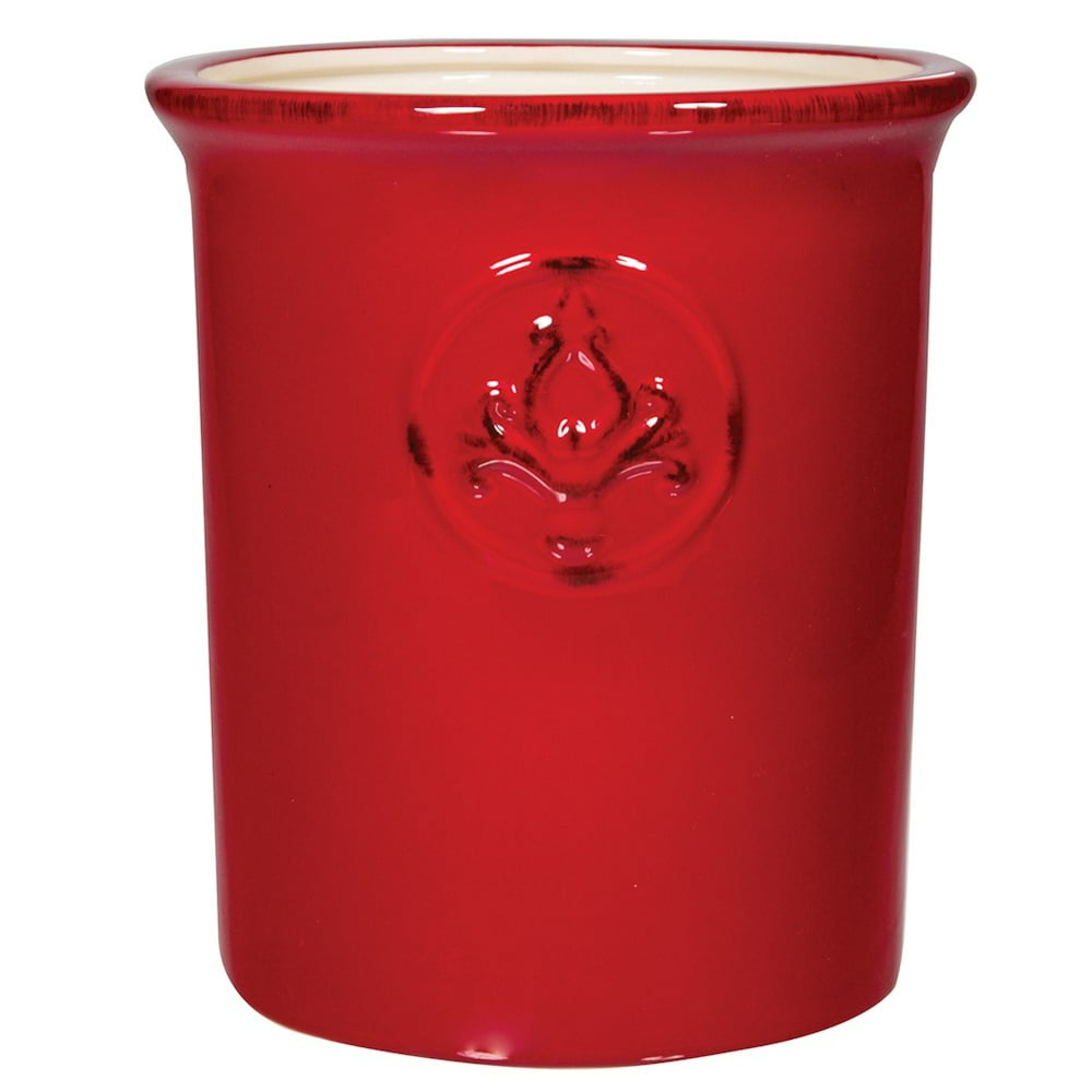 Ceramic Utensil Crock With Embossed Medallion In AquaRedOr White (Red