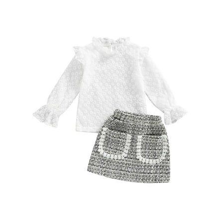 

Calsunbaby 2Pcs Kids Girls Short Skirt Outfits Long Sleeve Tops Jacquard Flower Pattern + Elastic Waist Skirts Set White 1-2 Years