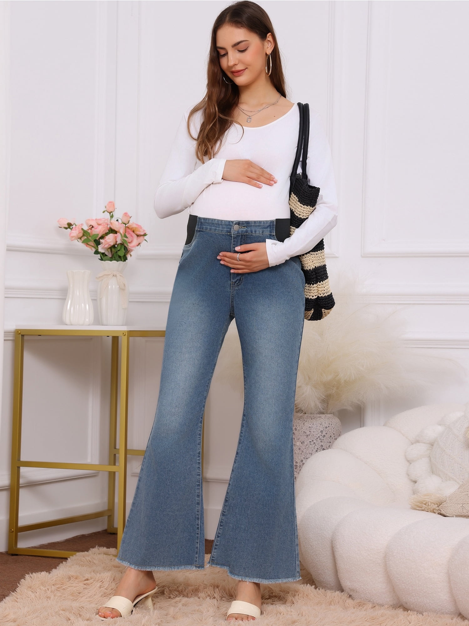 DARING DIVA Women's Maternity Flare Mid-Rise Stretchy Bootcut S Grey Blue