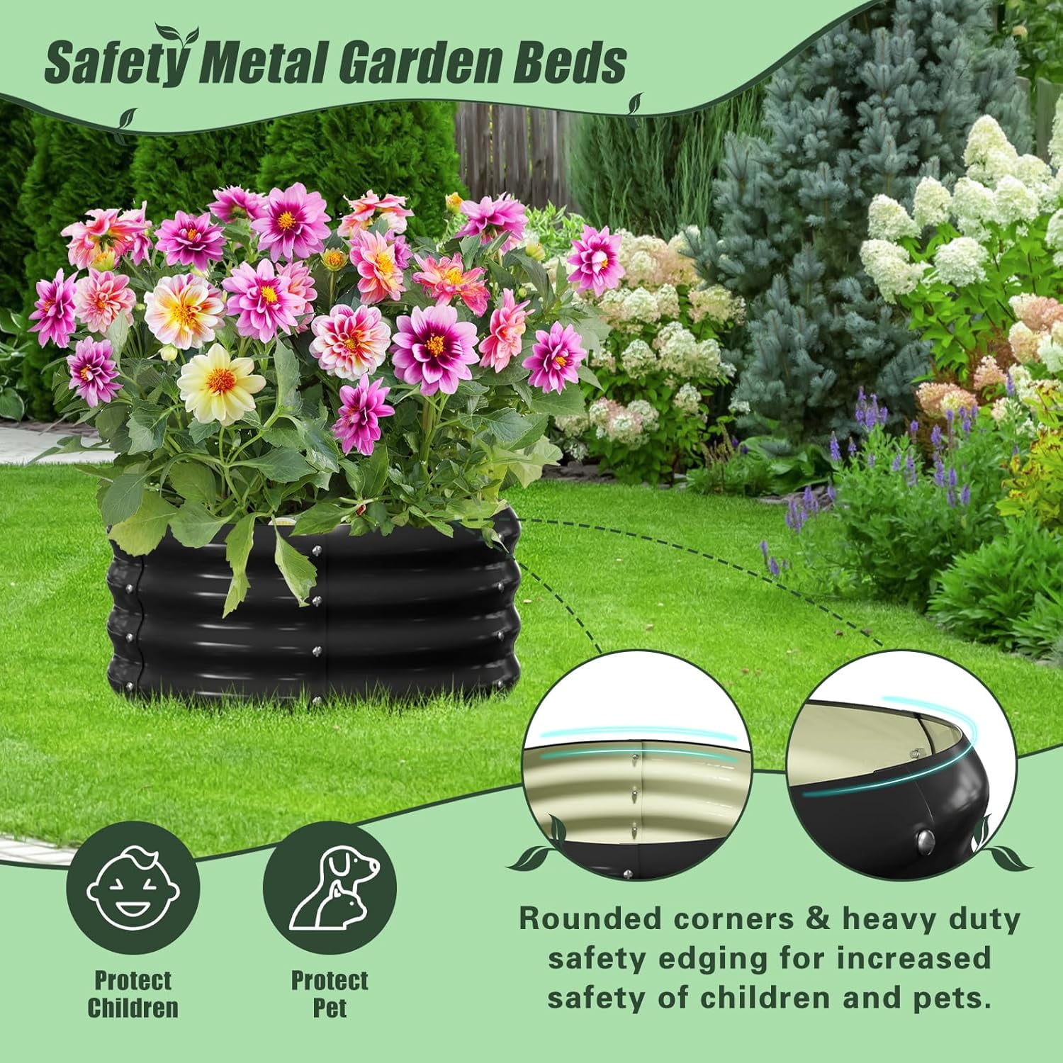 3 Pcs 24x24x12in Round Galvanized Raised Garden Bed Kit with 47"H Tomato Cages, Outdoor Metal Planter Box Raised Garden Beds for Gardening Vegetables Flowers, Black