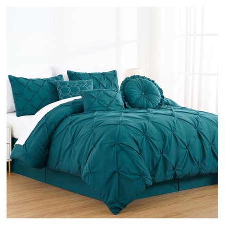 Sydney King Size Comforter Set - 7-Piece Pintuck Bedding - Teal, Lightweight Pinch Pleat Comforter with Decorative Pillows Bed Set for All Season
