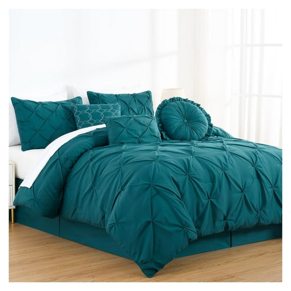 Sydney King Size Comforter Set - 7-Piece Pintuck Bedding - Teal, Lightweight Pinch Pleat Comforter with Decorative Pillows Bed Set for All Season