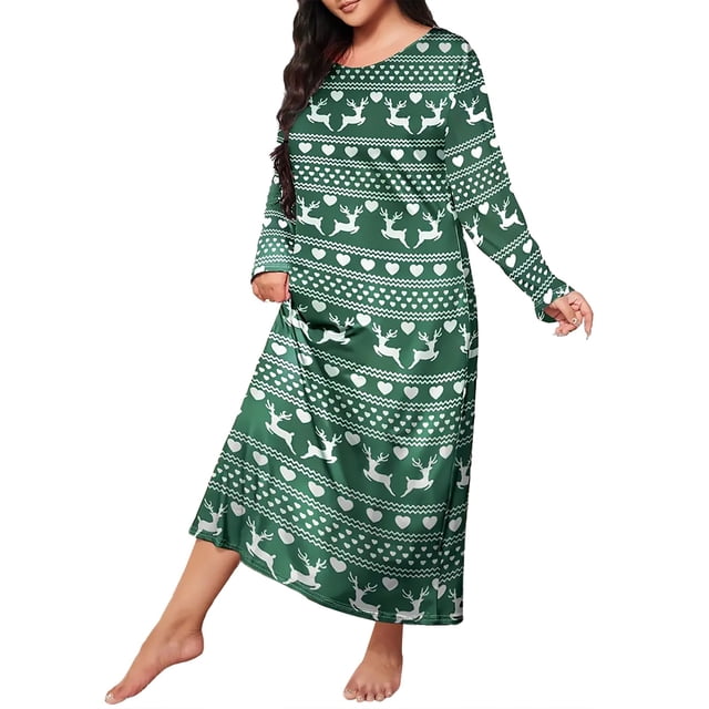 Pyjama pour Femmes Grande Taille, Col Rond, Manches Longues, Nuisette Imprimée