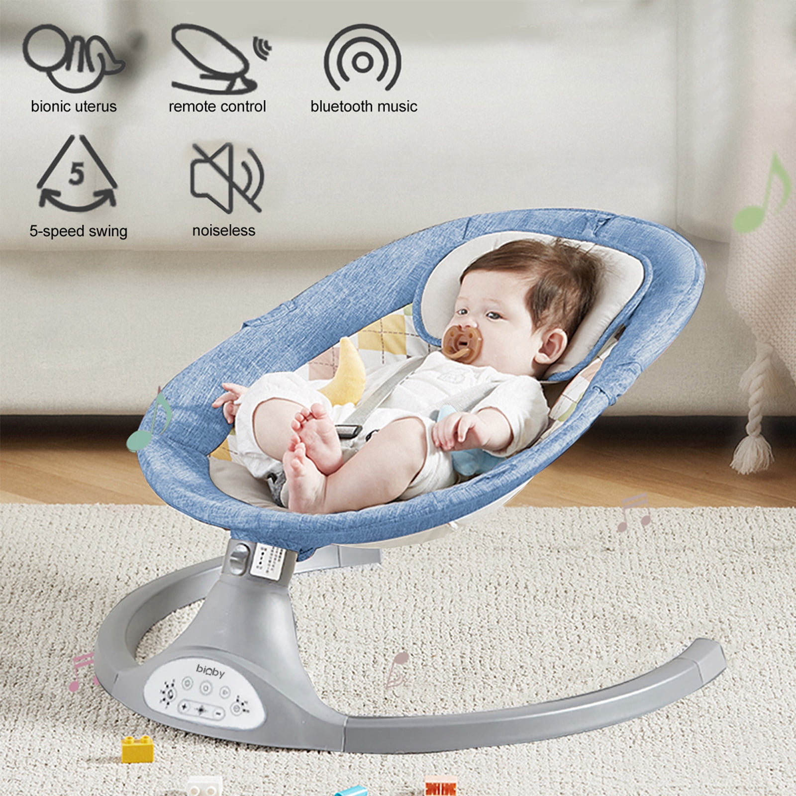 Kimbosmart Blue Baby Swing for Infants Bluetooth Music Speaker 5 Speeds and Remote Control The Five-Point Seat Belt Baby Swings Chair with 2 Toys 