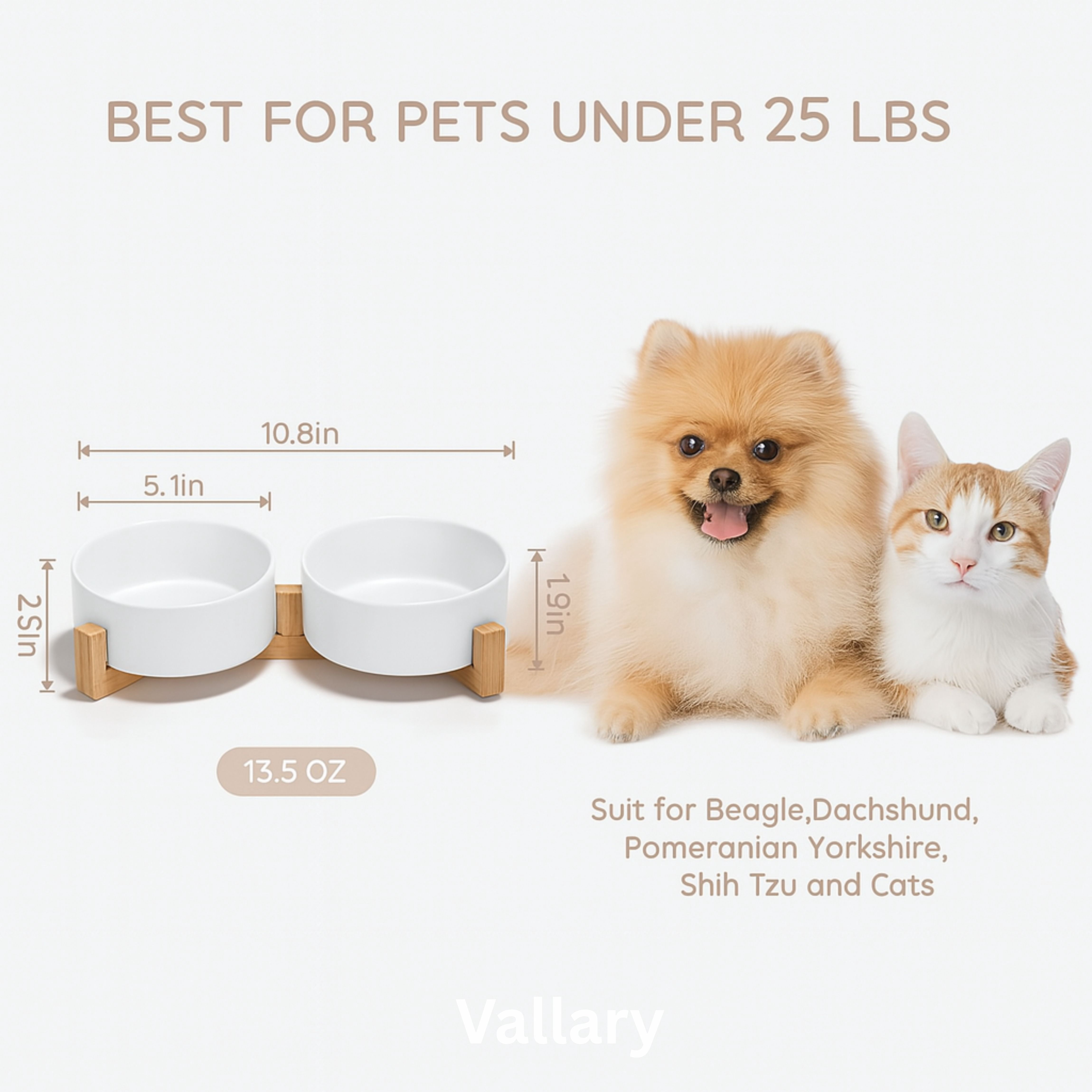 Ceramic Dog and Cat Bowl with Wood Stand Non-Slip Matte Glaze Weighted Food Water Set for Cats &Small Dogs 400 ml - VALLARY