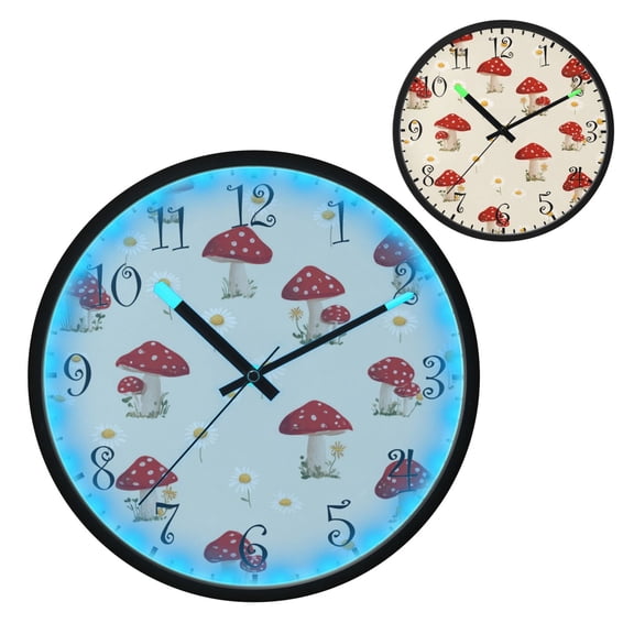 Voice Activated Clock with Glow Light 12 Inch Large Silent Wall Clock Battery Operated for Home Decor Cute Mushroom Pattern with Daisies