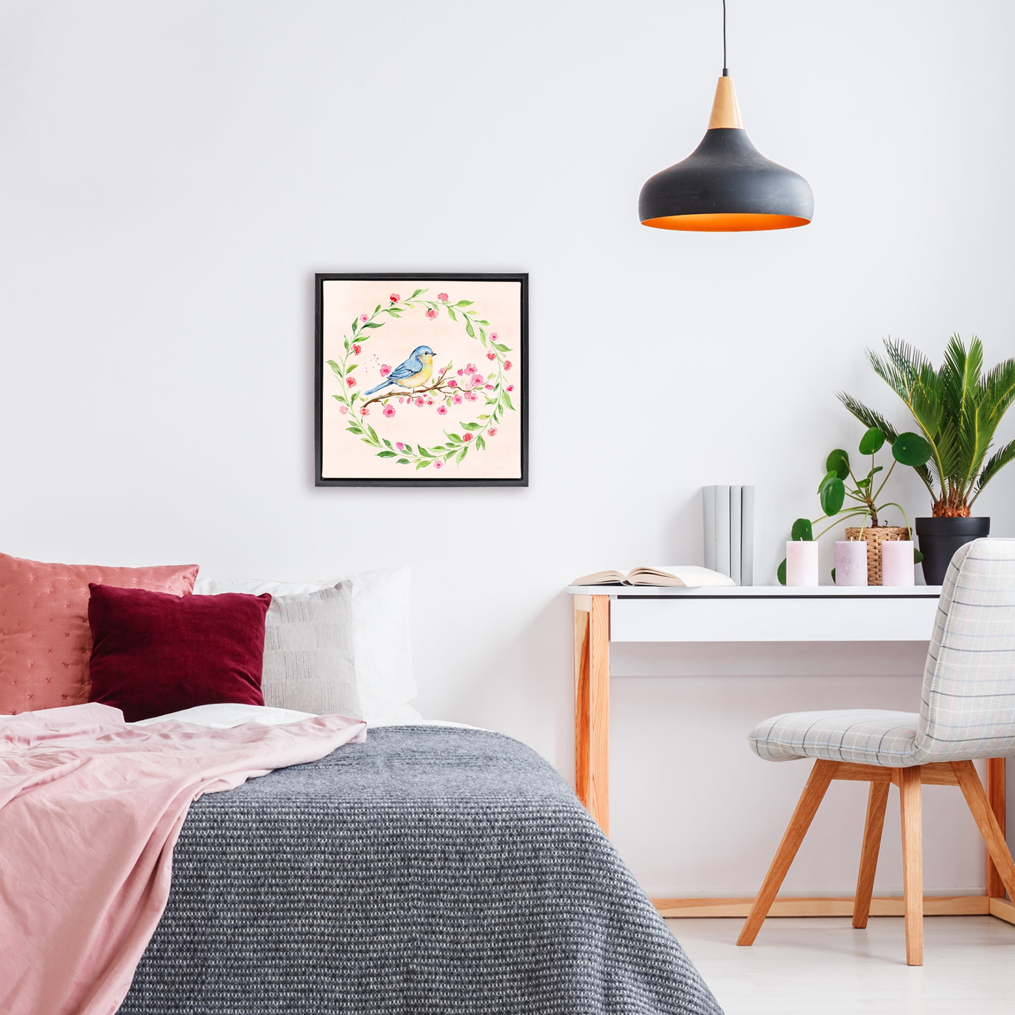Spring Bird Wreath Perch Black Framed Floater Canvas Wall Art, design by Elena Fay