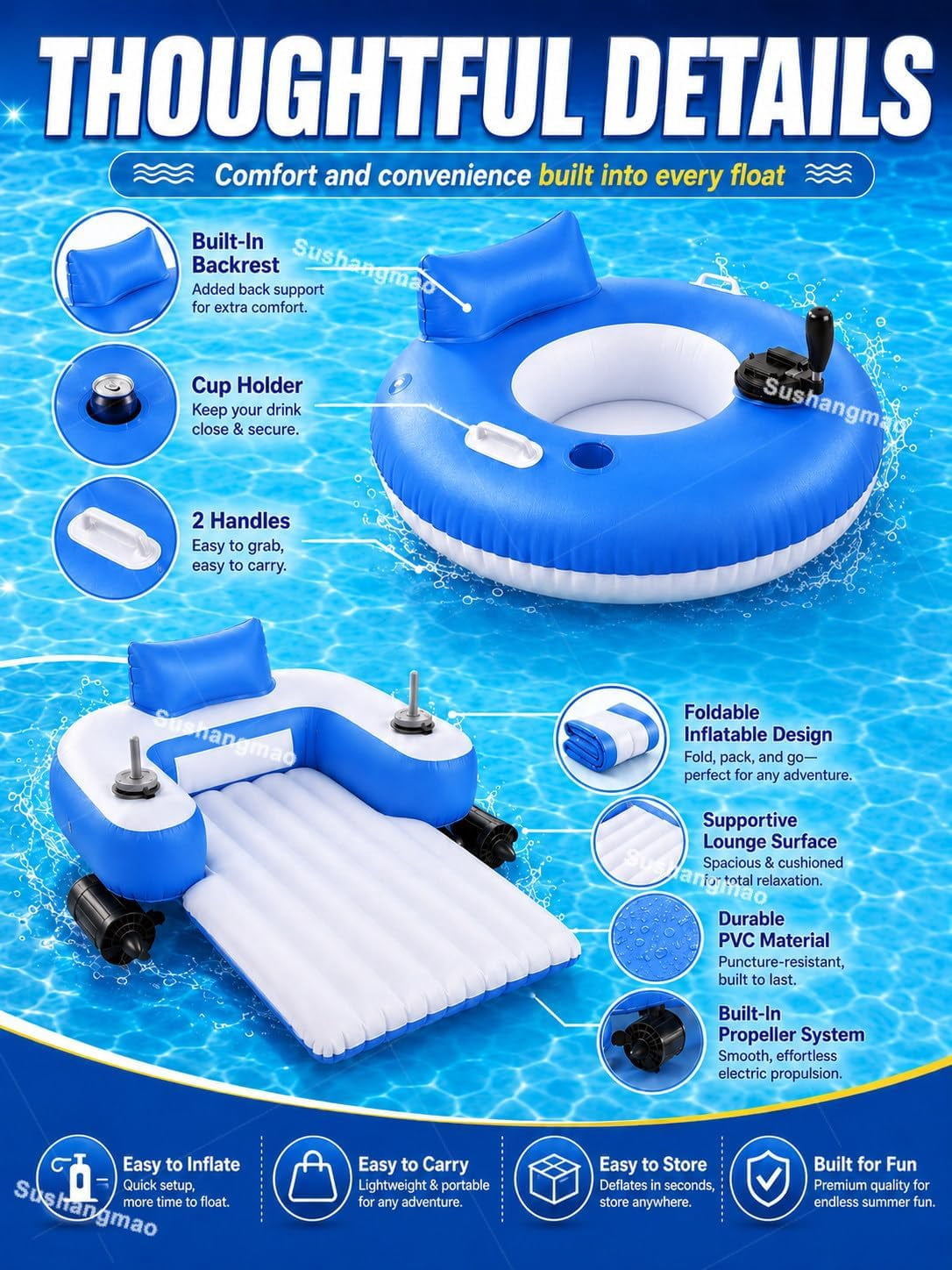 Lazy Floatie Motorized, 2026 Upgraded Motorized Inflatable Pool Float, with 360° Joystick Control, Single/Dual Motor Options, Water Lounger with Backrest Cup Holder for Beach Summer Party B