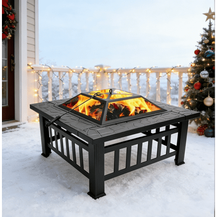 Enyopro Fire Pits for Outside, 32 Inch Square Wood Burning Fire Pit Table with Spark Screen and Fire Poker, Multifunctional Fire Pit Table for  Patio, Backyard, Garden