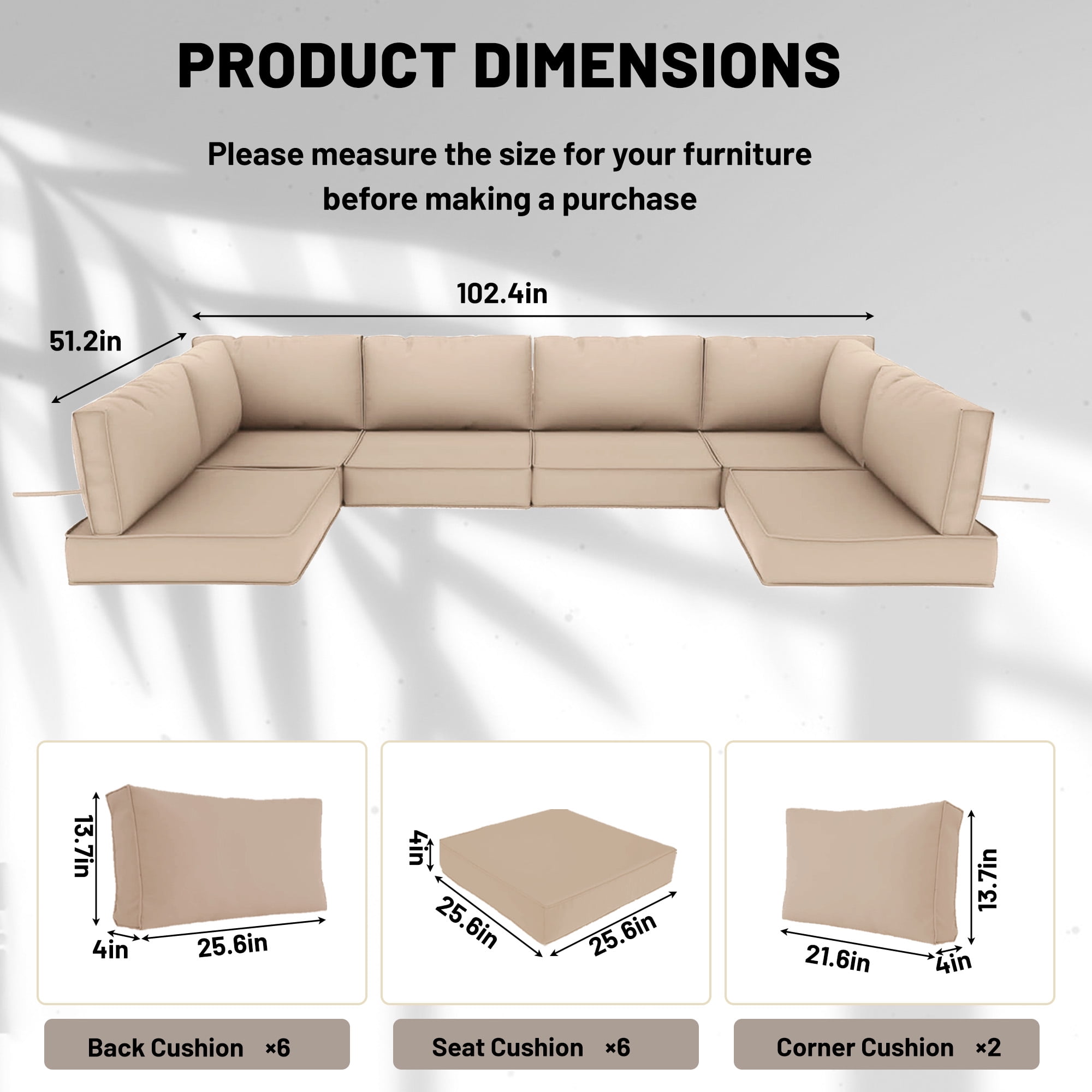 14 Piece Outdoor Replacement Cushions for Patio Furniture, Water-Repellent Outdoor Sectional Cushions for 6 Seat Sectional Patio Conversation Sets, Patio Sofa Cushions for Outdoor Couch