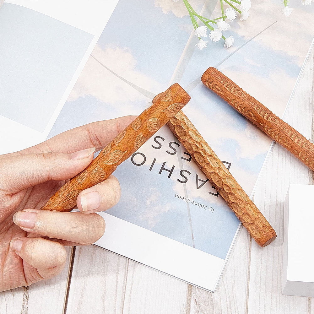 3Pcs 3 Style Wooden Handle Clay Texture Roller Pottery Tools Stone/Leaf/Fish Pattern Mixed Patterns 12x1.5cm 1pc/style