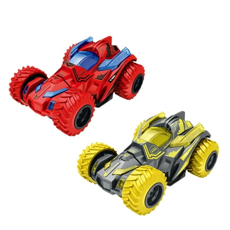 Pull Back Cars 2Pcs Double-Sided Friction Powered Vehicles Flips Shockproof Inertia Cars Pull Cars for Boys Girls Toddler Birthday Gift Age 3+ Years Old