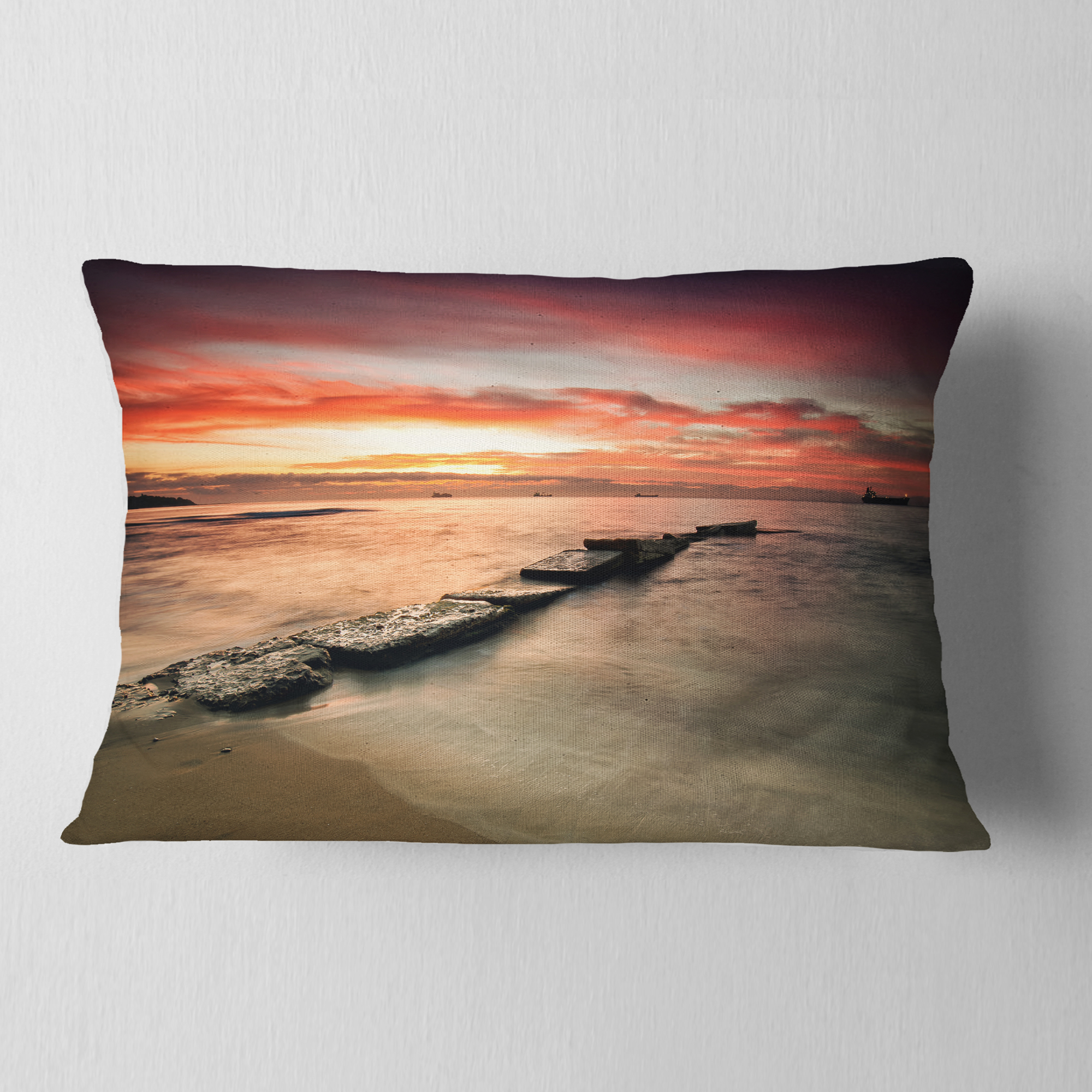 Designart Wonderful Sunrise on Black Ocean - Beach Photo Throw Pillow - 12x20
