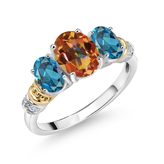 Gem Stone King 925 Sterling Silver and 10K Yellow Gold Oval Ecstasy Mystic Topaz London Blue Topaz and White Diamond 3 Stone Ring for Women (2.73 Cttw, Gemstone Birthstone, Size 8)