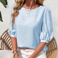 thumbnail image 5 of Scyoekwg Womens Puff Elbow Sleeve Tops Trendy Dressy Casual Crew Neck Work Shirts Ladies Summer Elegant Office Tunic Blouses (Blue,XL）, 5 of 9