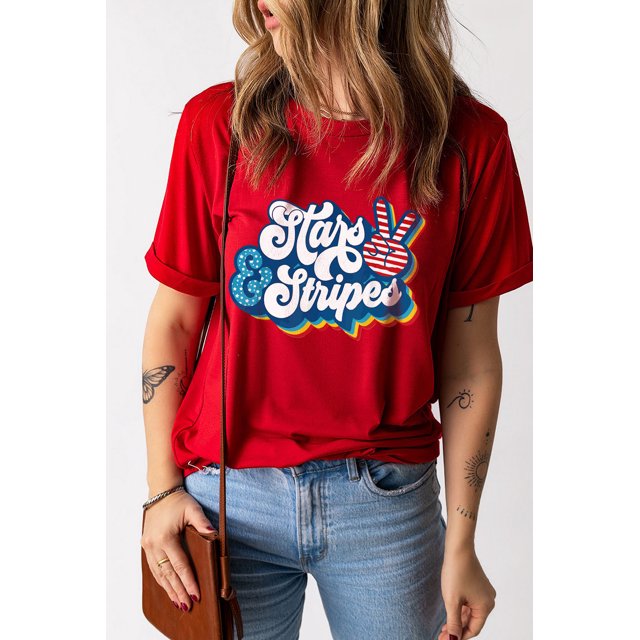 ABPHQTO Camiseta con cuello redondo y estampado gráfico de 2 estrellas y rayas rojas para mujer